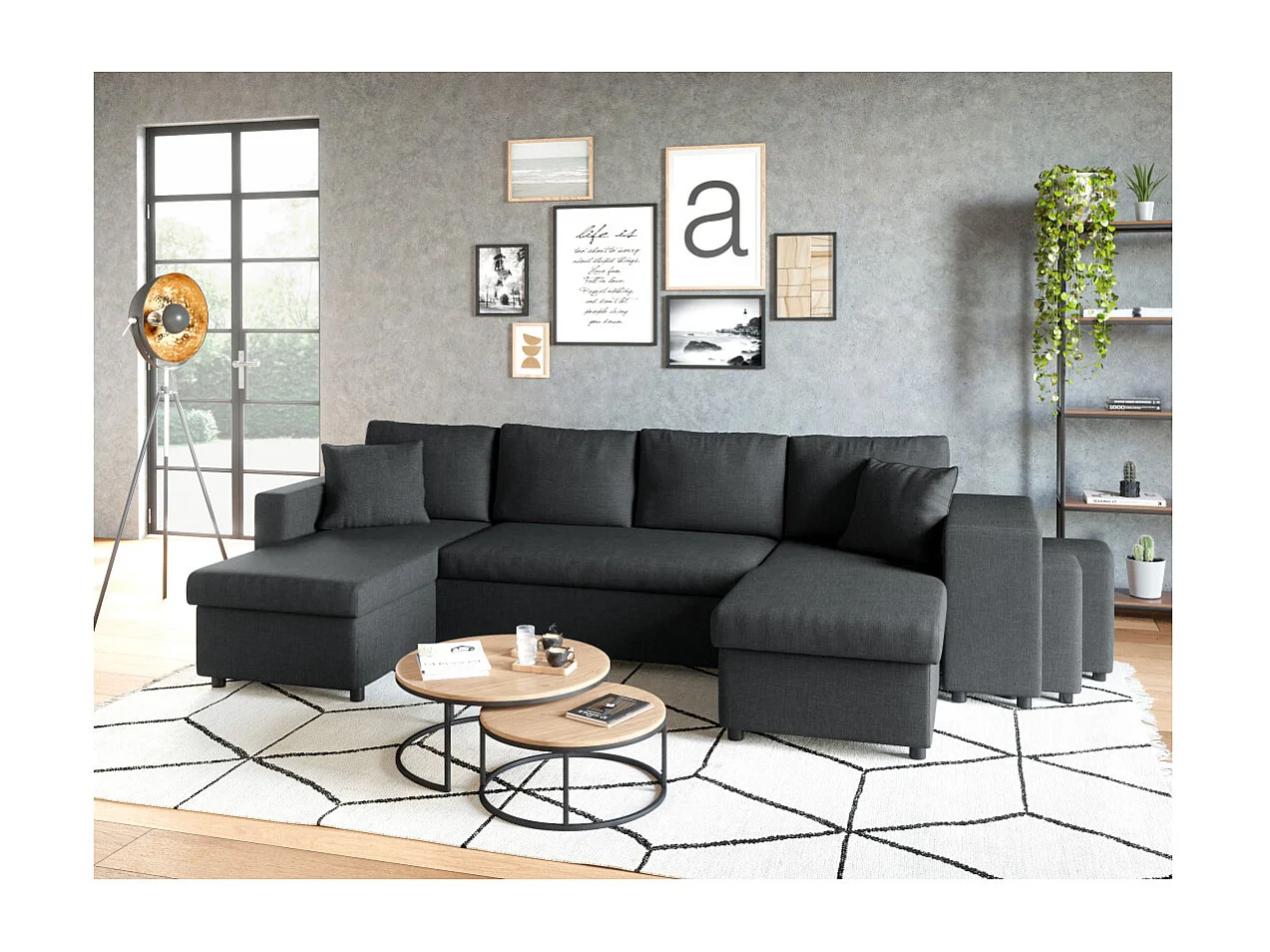 Canapé d'angle panoramique Oslo convertible avec coffres et poufs à droite - Tissu - Gris anthracite - L311 x P146 x H81cm - Loungitude