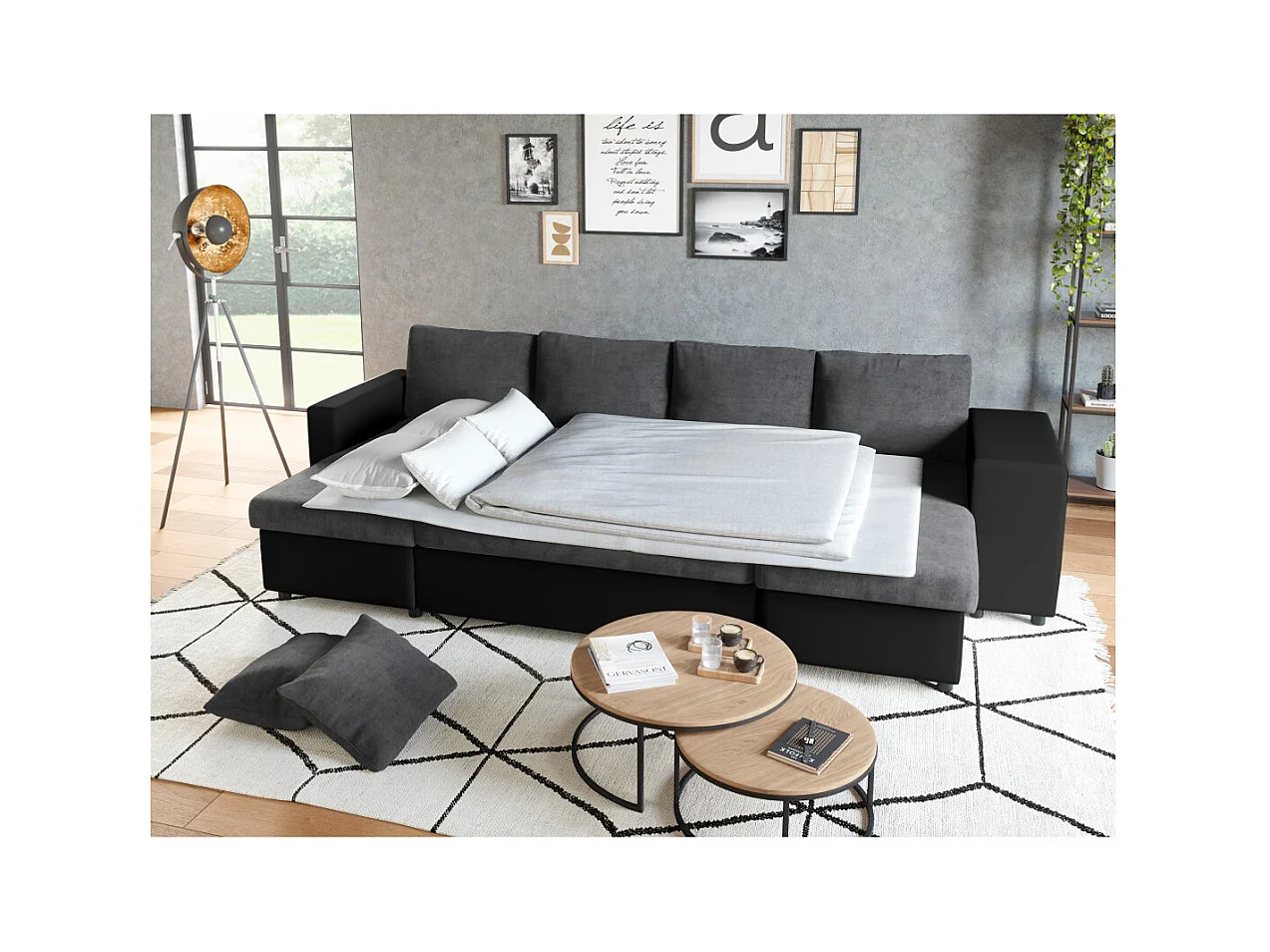 Canapé panoramique Oslo convertible avec coffres, poufs à gauche - Simili/Microfibre - Noir/Gris - L311 x P146 x H81cm - Loungitude