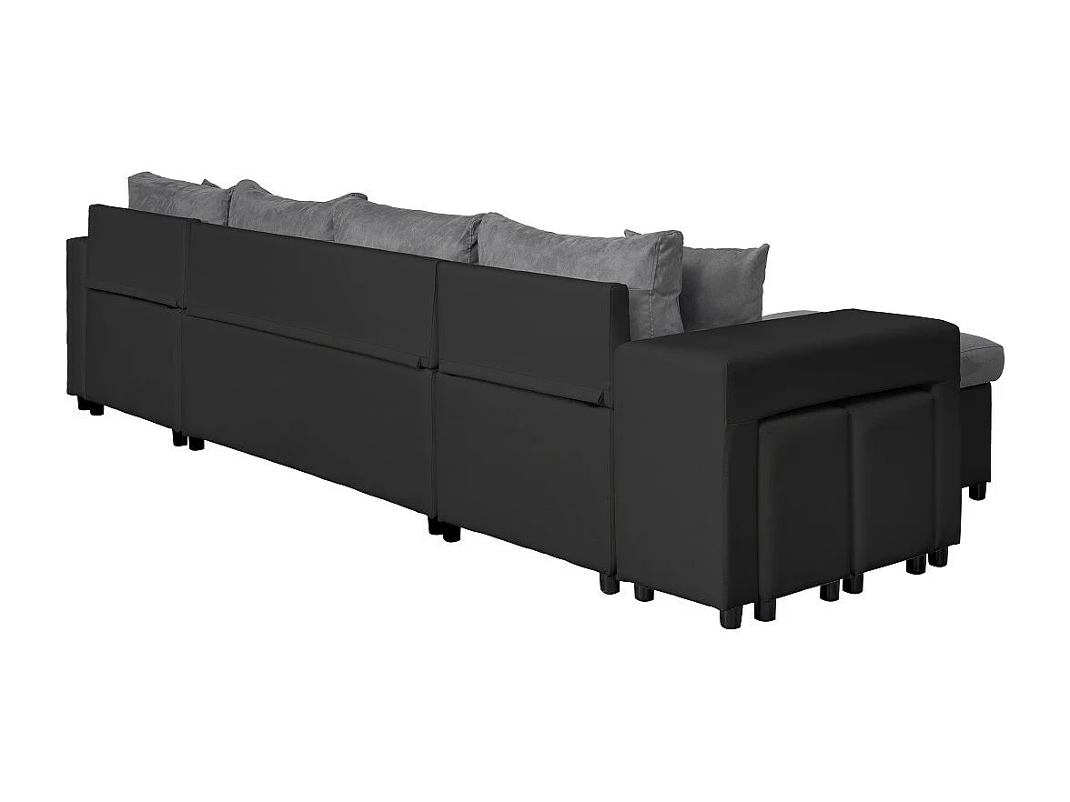 Canapé panoramique Oslo convertible avec coffres, poufs à gauche - Simili/Microfibre - Noir/Gris - L311 x P146 x H81cm - Loungitude