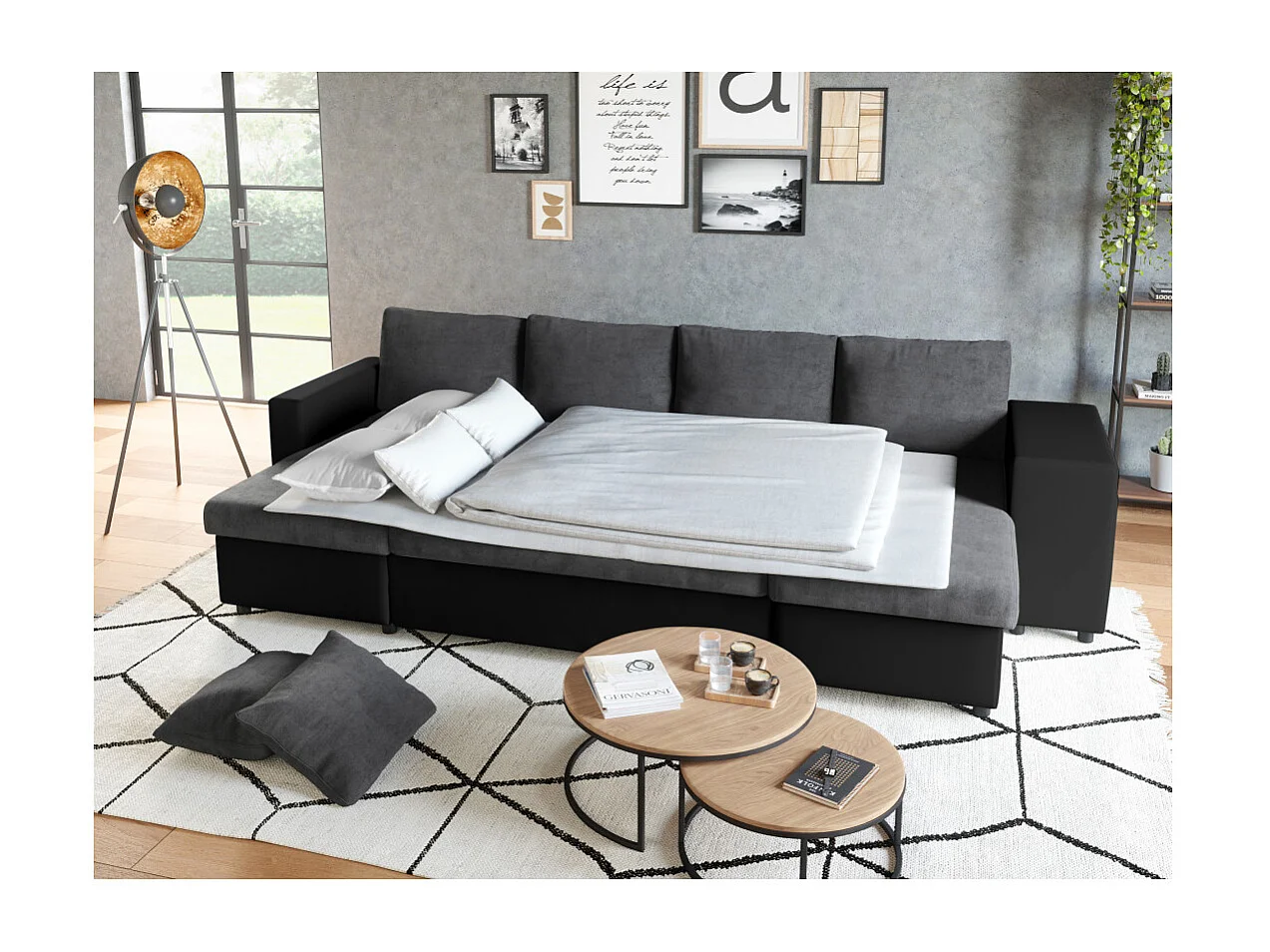 Canapé panoramique Oslo convertible avec coffres, poufs à gauche - Simili/Microfibre - Noir/Gris - L311 x P146 x H81cm - Loungitude