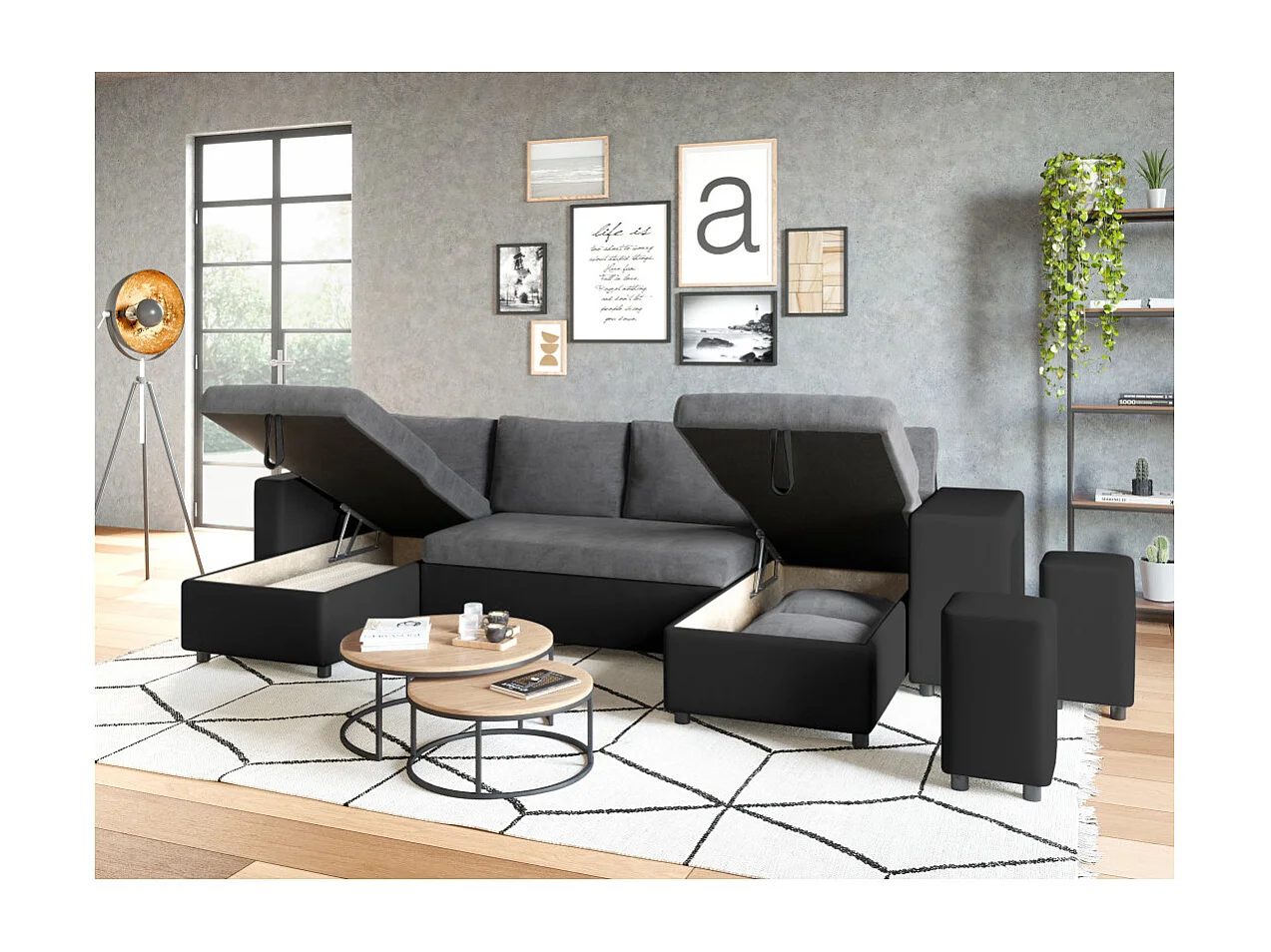 Canapé panoramique Oslo convertible avec coffres, poufs à gauche - Simili/Microfibre - Noir/Gris - L311 x P146 x H81cm - Loungitude