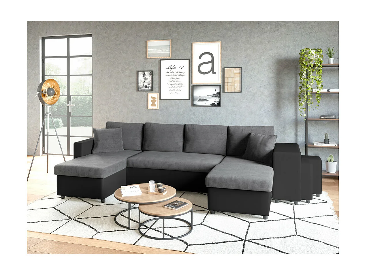 Canapé panoramique Oslo convertible avec coffres, poufs à gauche - Simili/Microfibre - Noir/Gris - L311 x P146 x H81cm - Loungitude
