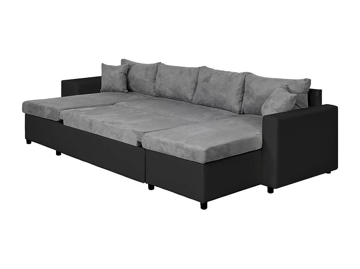 Canapé panoramique Oslo convertible avec coffres, poufs à gauche - Simili/Microfibre - Noir/Gris - L311 x P146 x H81cm - Loungitude