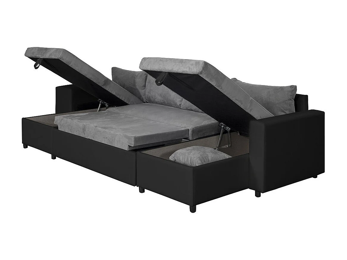 Canapé panoramique Oslo convertible avec coffres, poufs à gauche - Simili/Microfibre - Noir/Gris - L311 x P146 x H81cm - Loungitude
