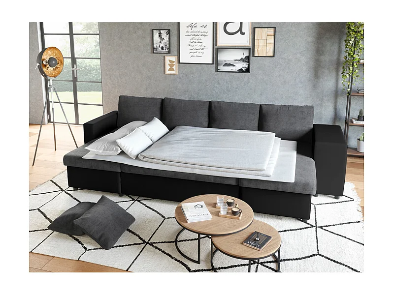 Canapé panoramique Oslo convertible avec coffres, poufs à gauche - Simili/Microfibre - Noir/Gris - L311 x P146 x H81cm - Loungitude