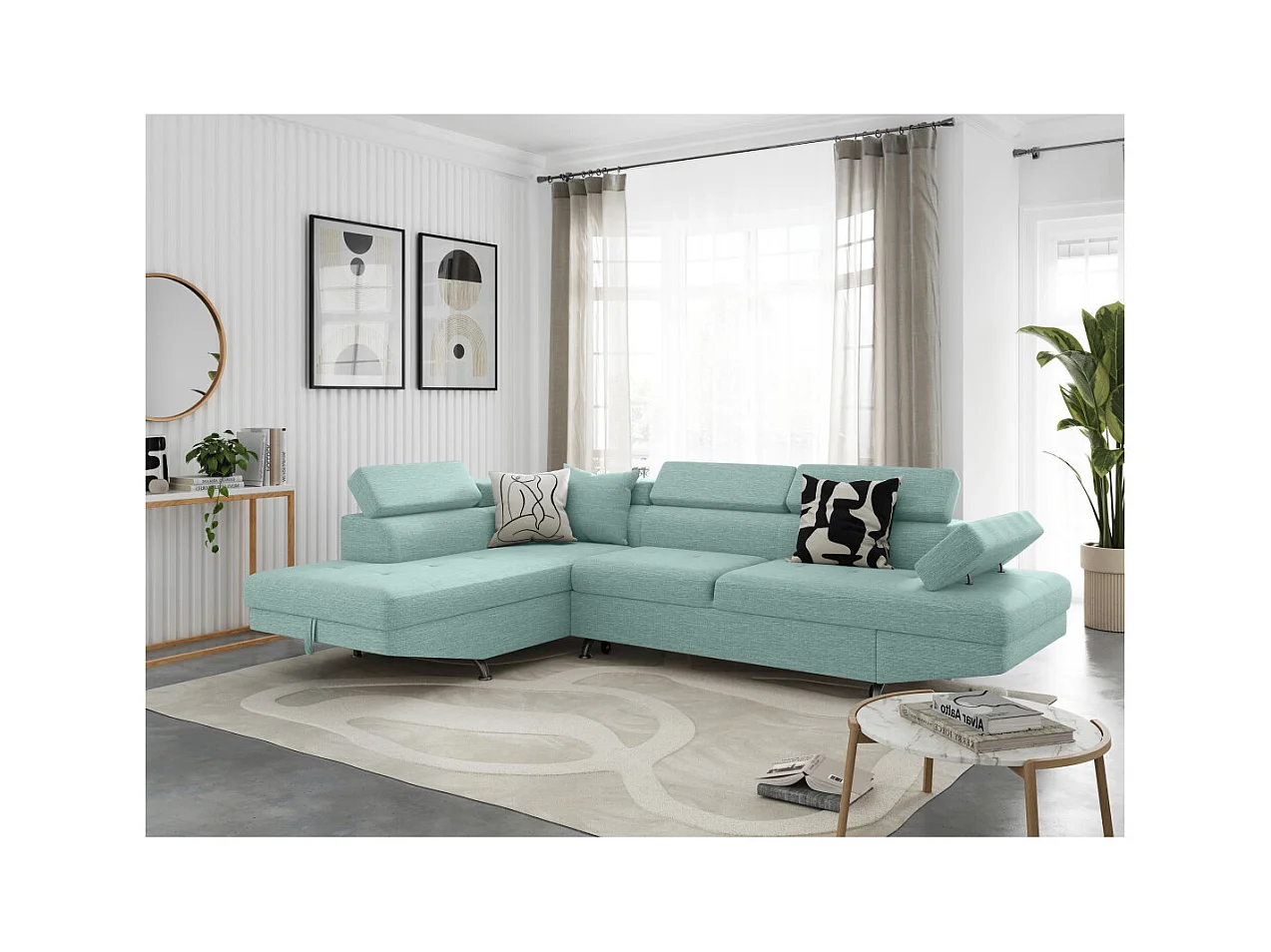 Canapé d'angle gauche 5 places Rio Convertible avec coffre en tissu - Bleu clair - L271 x P192 x H70cm - Loungitude