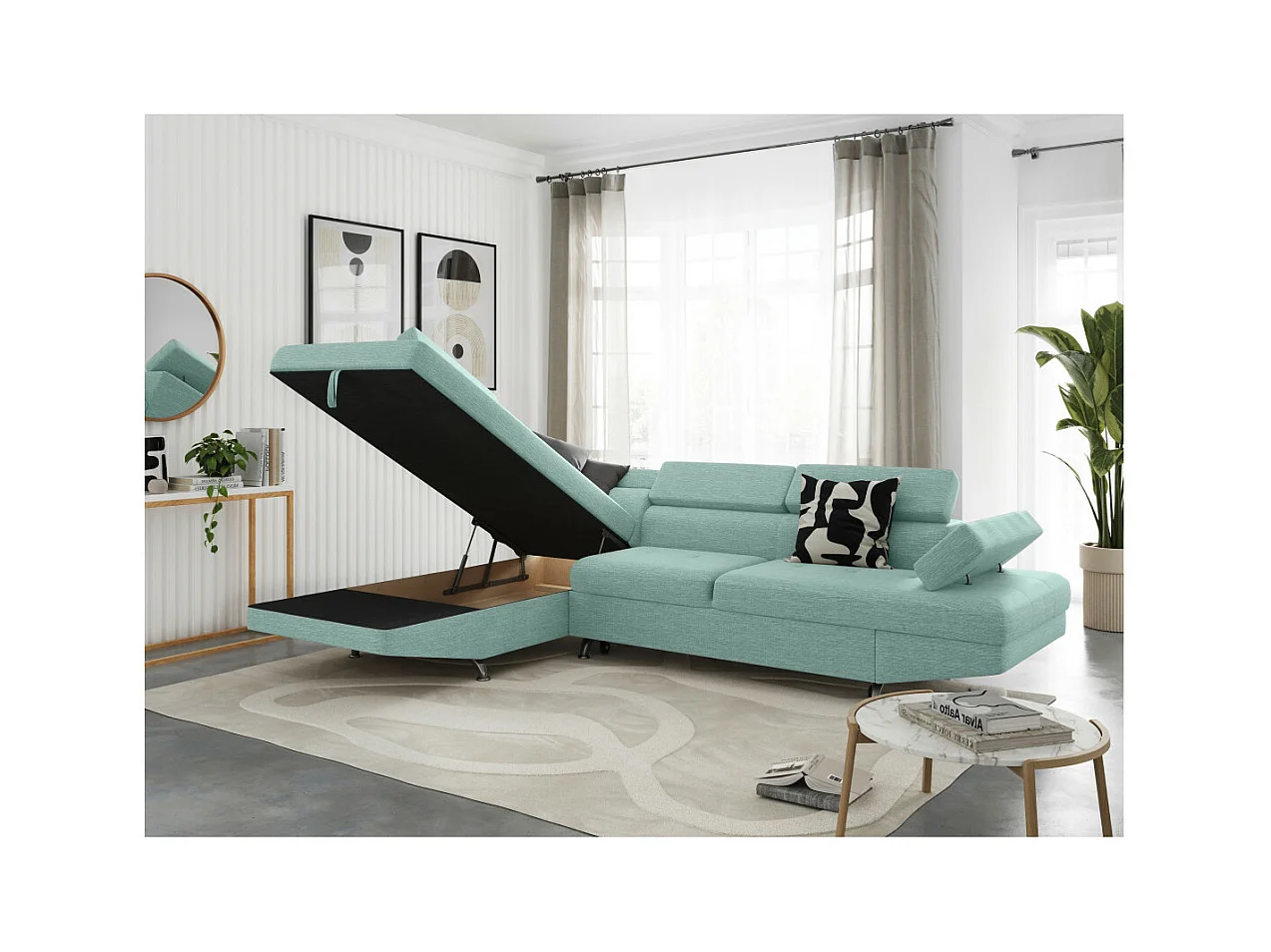 Canapé d'angle gauche 5 places Rio Convertible avec coffre en tissu - Bleu clair - L271 x P192 x H70cm - Loungitude