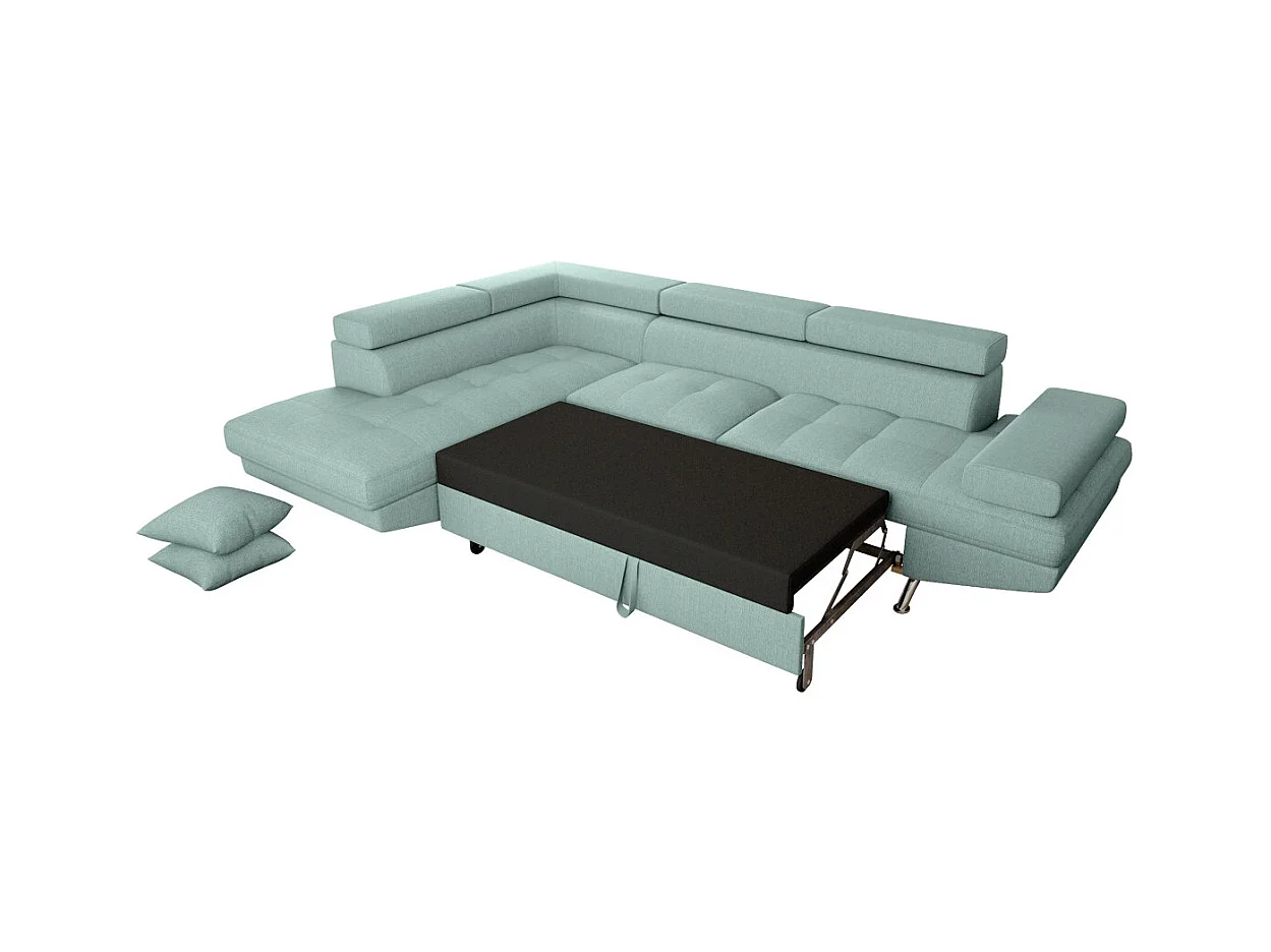 Canapé d'angle gauche 5 places Rio Convertible avec coffre en tissu - Bleu clair - L271 x P192 x H70cm - Loungitude