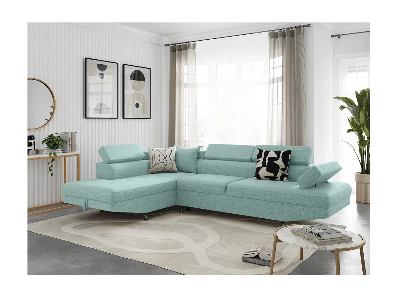 Canapé d'angle gauche 5 places Rio convertible avec coffre en tissu - Bleu clair - L271 x P192 x H70cm - Loungitude