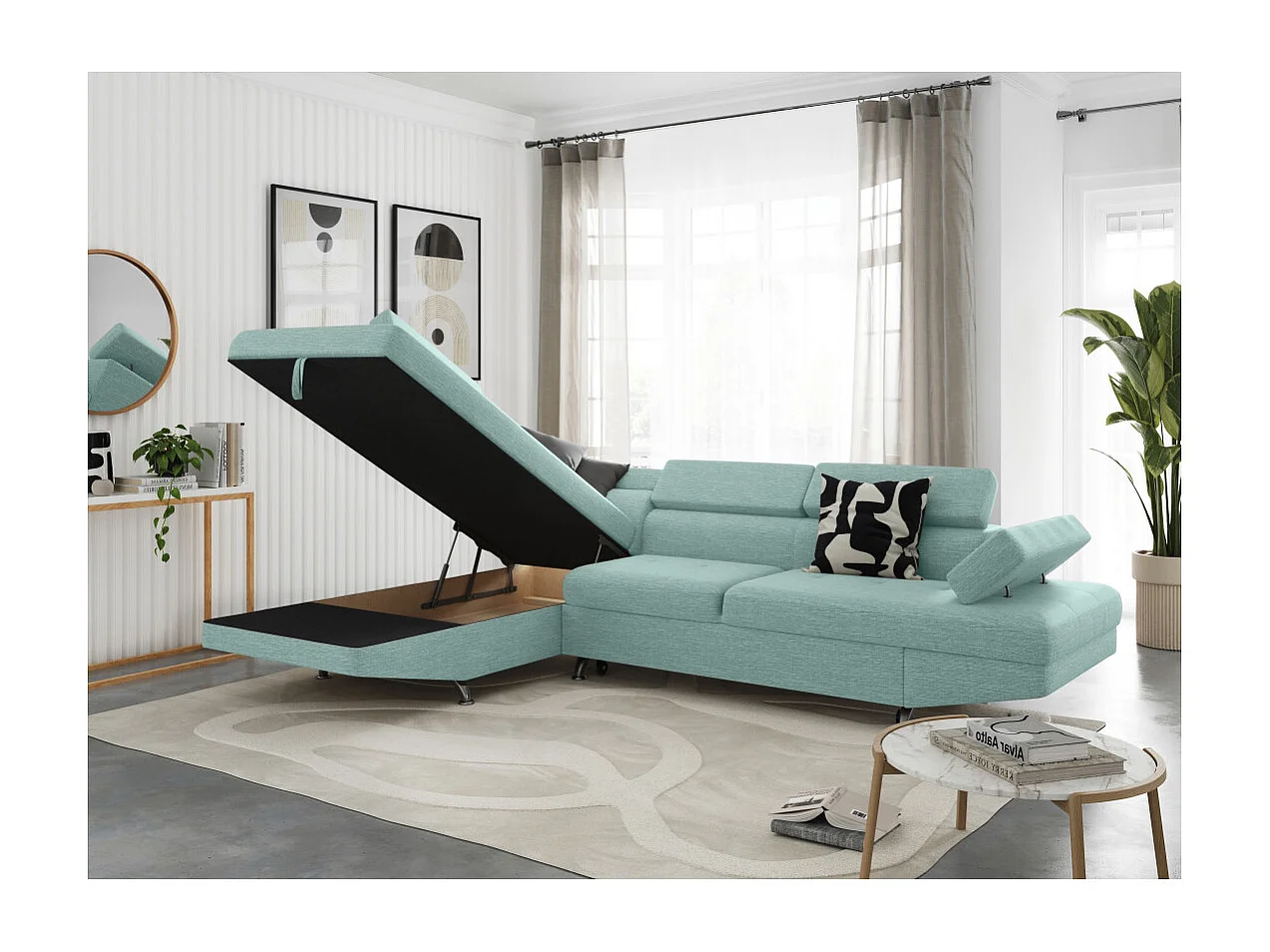 Canapé d'angle gauche 5 places Rio convertible avec coffre en tissu - Bleu clair - L271 x P192 x H70cm - Loungitude