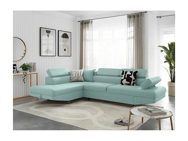 Canapé d'angle gauche 5 places Rio convertible avec coffre en tissu - Bleu clair - L271 x P192 x H70cm - Loungitude