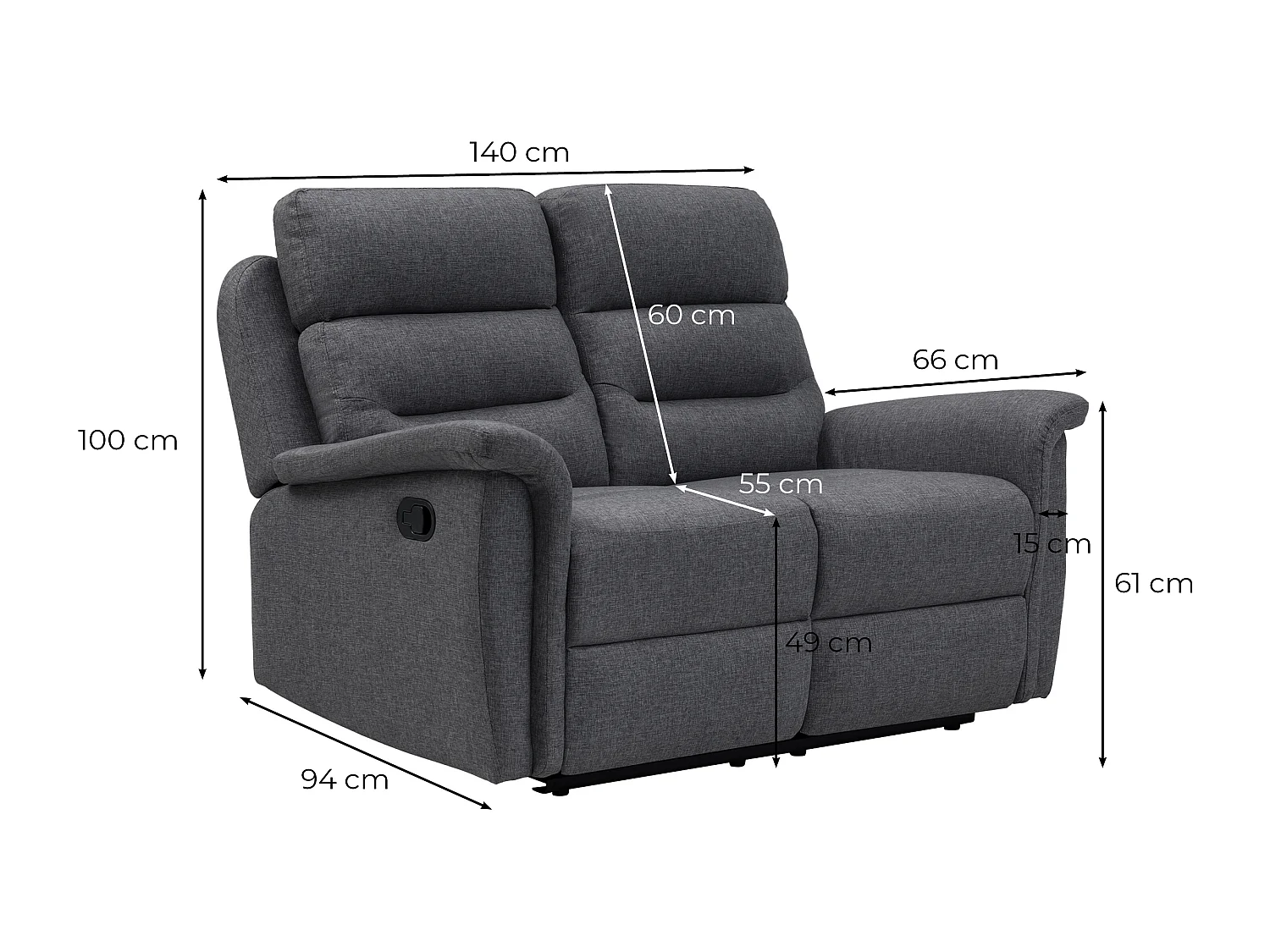 Canapé de Relaxation 2 places en Tissu Gris Léon - Gris clair - Loungitude