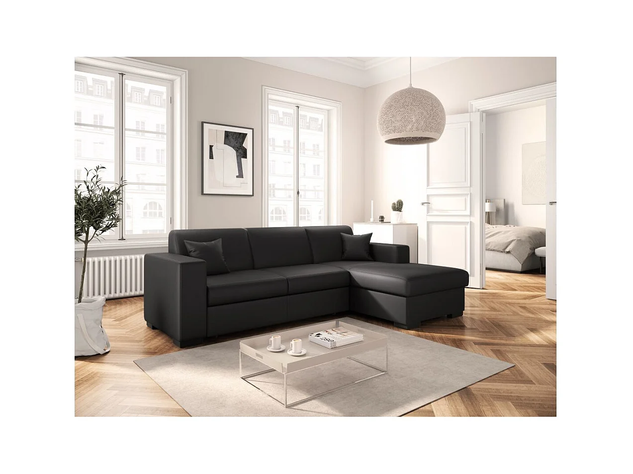 Canapé d'angle droit 4 places Fuji XL convertible avec coffre en simili - Gris anthracite - L262 x 157 x 83cm - Loungitude