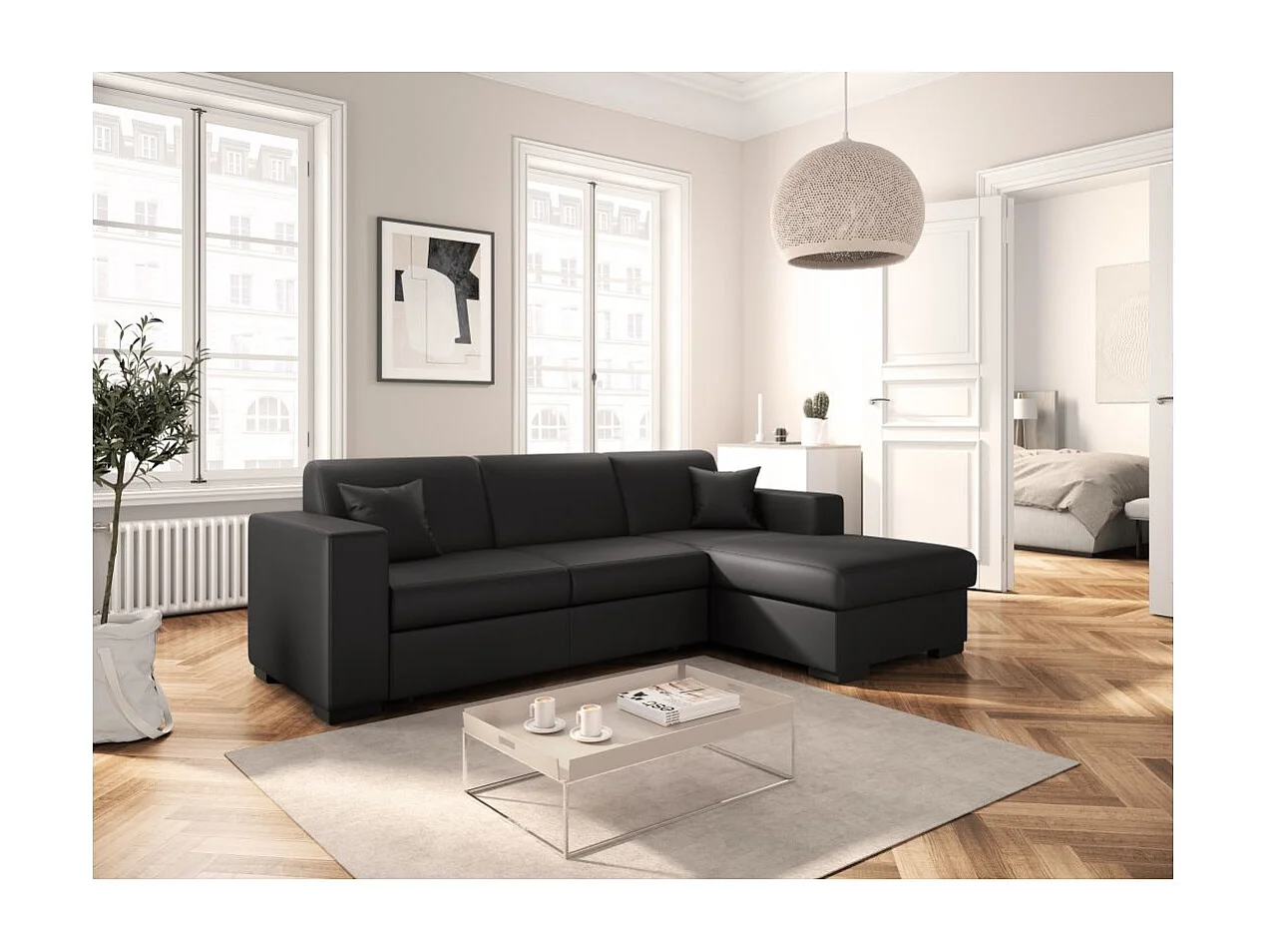 Canapé d'angle droit 4 places Fuji XL convertible avec coffre en simili - Gris anthracite - L262 x 157 x 83cm - Loungitude