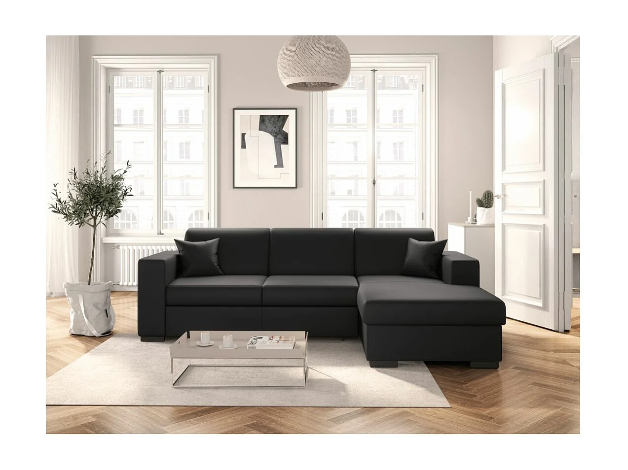 Canapé d'angle droit 4 places Fuji XL convertible avec coffre en simili - Gris anthracite - L262 x 157 x 83cm - Loungitude
