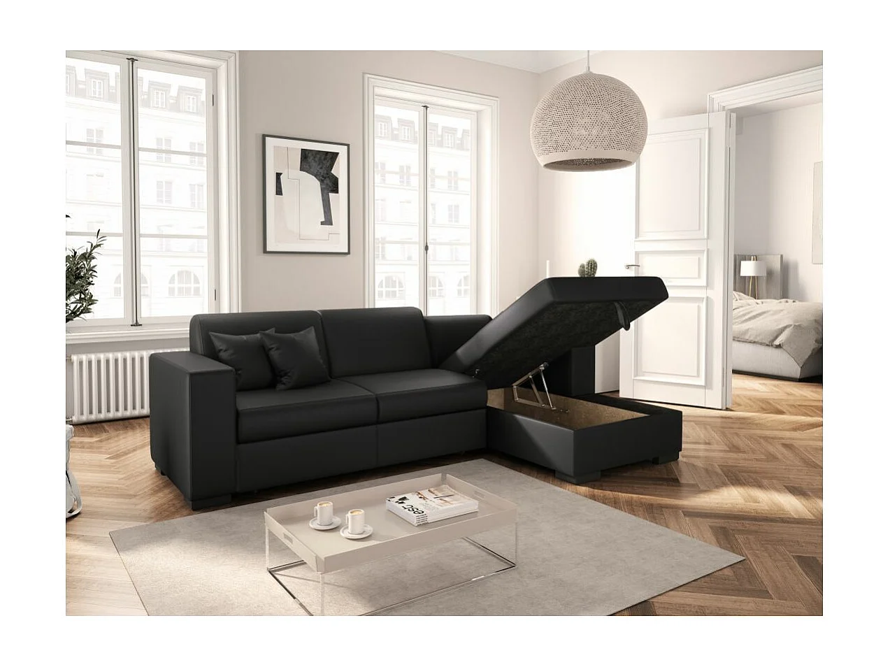 Canapé d'angle droit 4 places Fuji XL convertible avec coffre en simili - Gris anthracite - L262 x 157 x 83cm - Loungitude