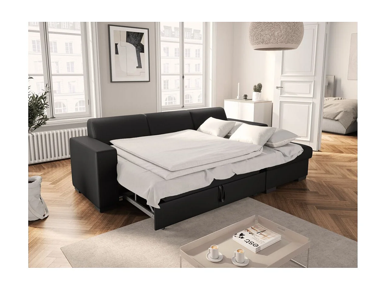 Canapé d'angle droit 4 places Fuji XL convertible avec coffre en simili - Gris anthracite - L262 x 157 x 83cm - Loungitude