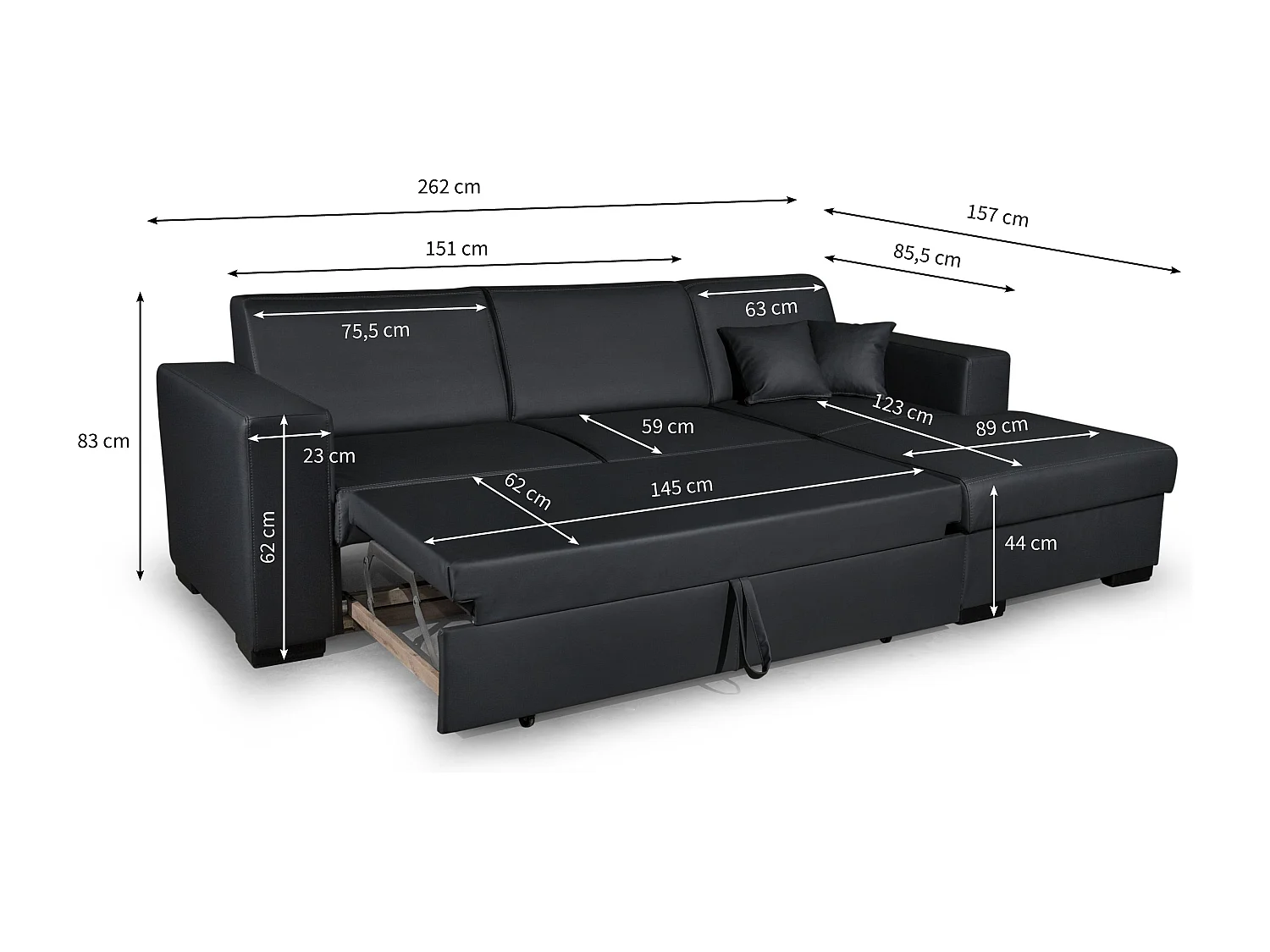 Canapé d'angle droit 4 places Fuji XL convertible avec coffre en simili - Gris anthracite - L262 x 157 x 83cm - Loungitude