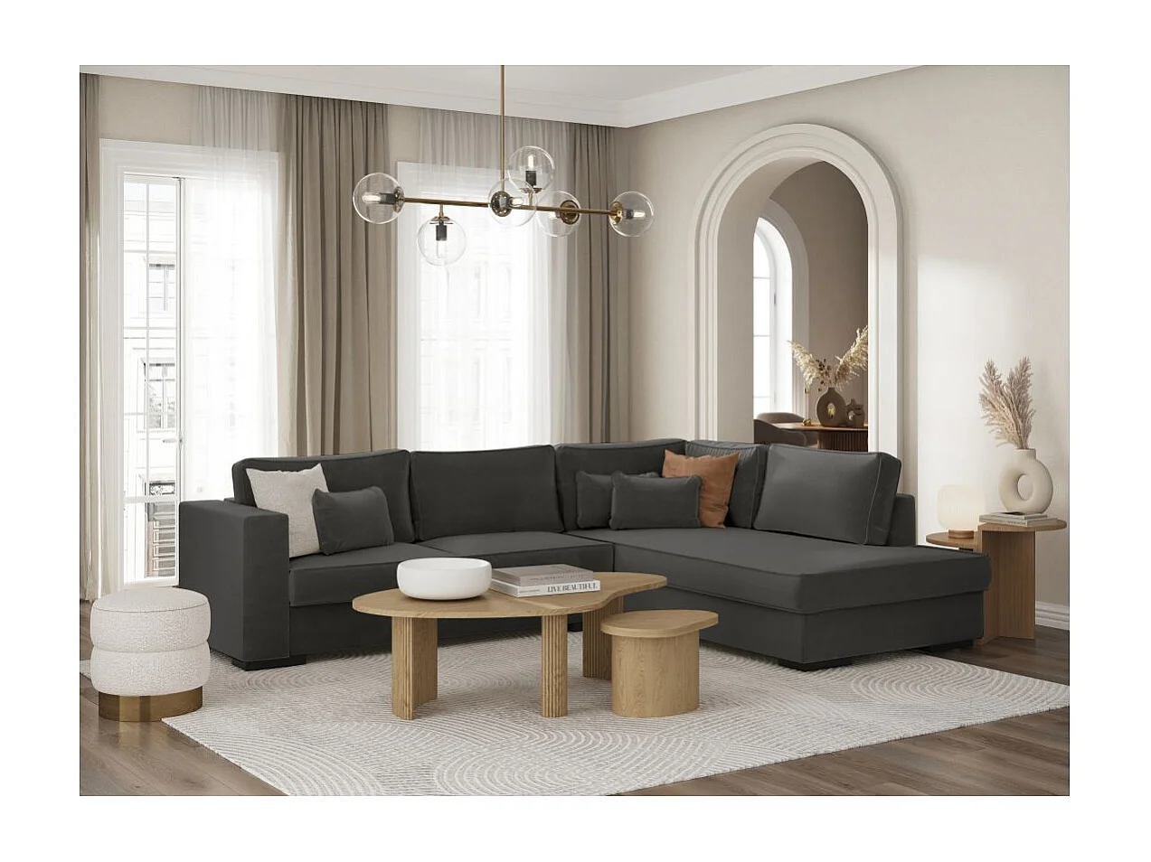 Canapé d'angle droit XXL Belami 6 places en tissu - Gris anthracite - L303 x 228 x 86cm - Loungitude