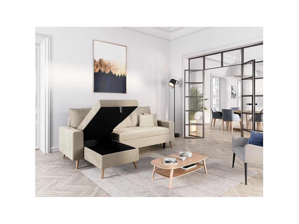 Canapé d'angle Maria scandinave réversible et convertible avec coffre en velours - Grège - L227 x 148 x 95cm - Loungitude