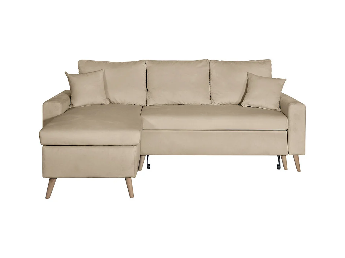 Canapé d'angle Maria scandinave réversible et convertible avec coffre en velours - Grège - L227 x 148 x 95cm - Loungitude