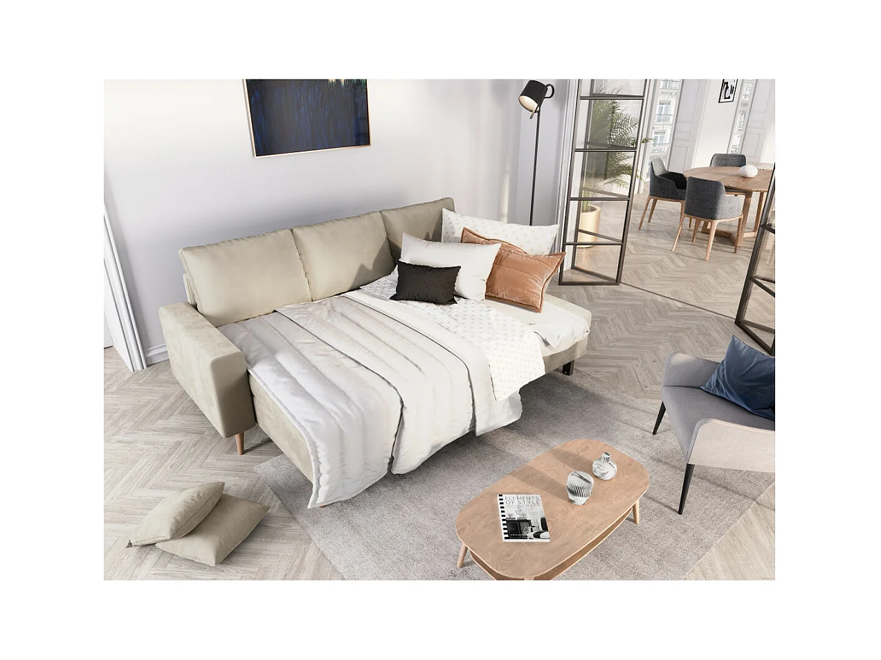 Canapé d'angle Maria scandinave réversible et convertible avec coffre en velours - Grège - L227 x 148 x 95cm - Loungitude