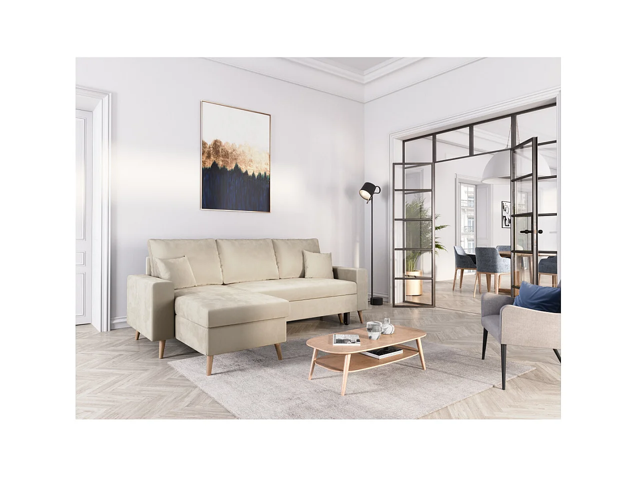 Canapé d'angle Maria scandinave réversible et convertible avec coffre en velours - Grège - L227 x 148 x 95cm - Loungitude