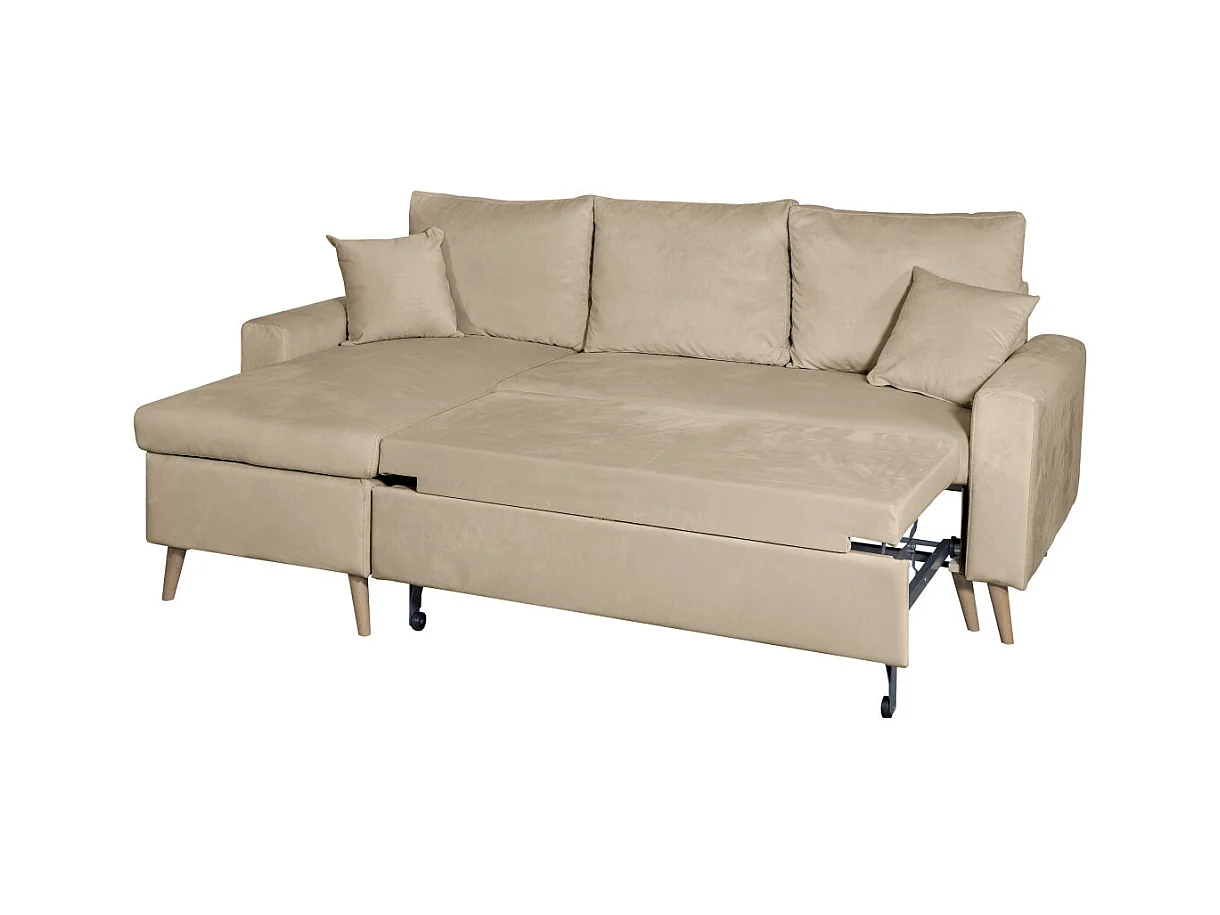 Canapé d'angle Maria scandinave réversible et convertible avec coffre en velours - Grège - L227 x 148 x 95cm - Loungitude