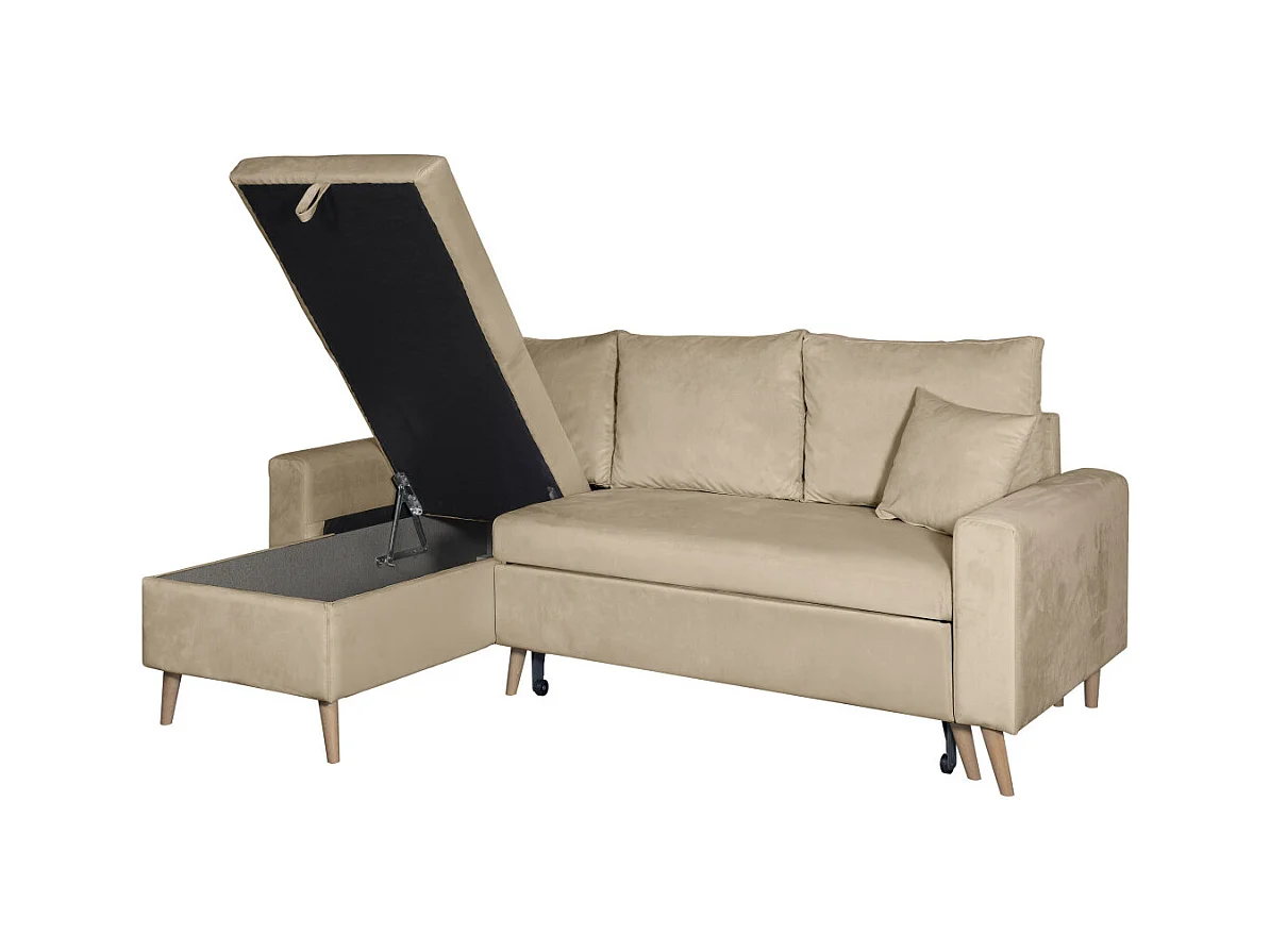 Canapé d'angle Maria scandinave réversible et convertible avec coffre en velours - Grège - L227 x 148 x 95cm - Loungitude