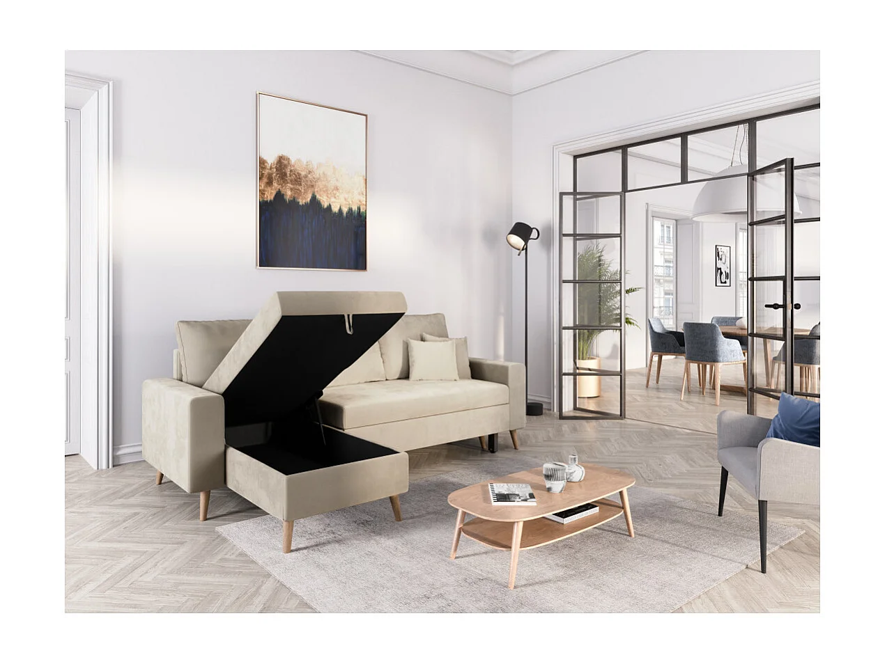 Canapé d'angle Maria scandinave réversible et convertible avec coffre en velours - Grège - L227 x 148 x 95cm - Loungitude