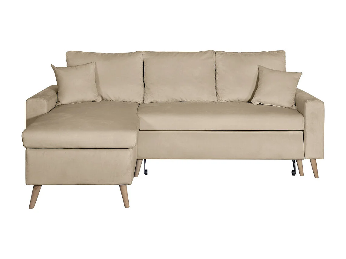 Canapé d'angle Maria scandinave réversible et convertible avec coffre en velours - Grège - L227 x 148 x 95cm - Loungitude