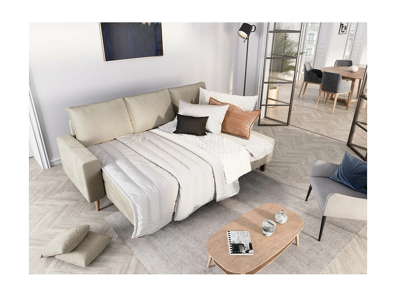 Canapé d'angle Maria scandinave réversible et convertible avec coffre en velours - Grège - L227 x 148 x 95cm - Loungitude