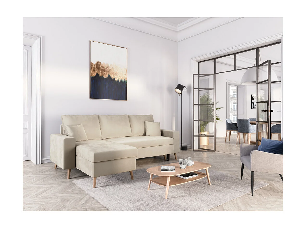 Canapé d'angle Maria scandinave réversible et convertible avec coffre en velours - Grège - L227 x 148 x 95cm - Loungitude