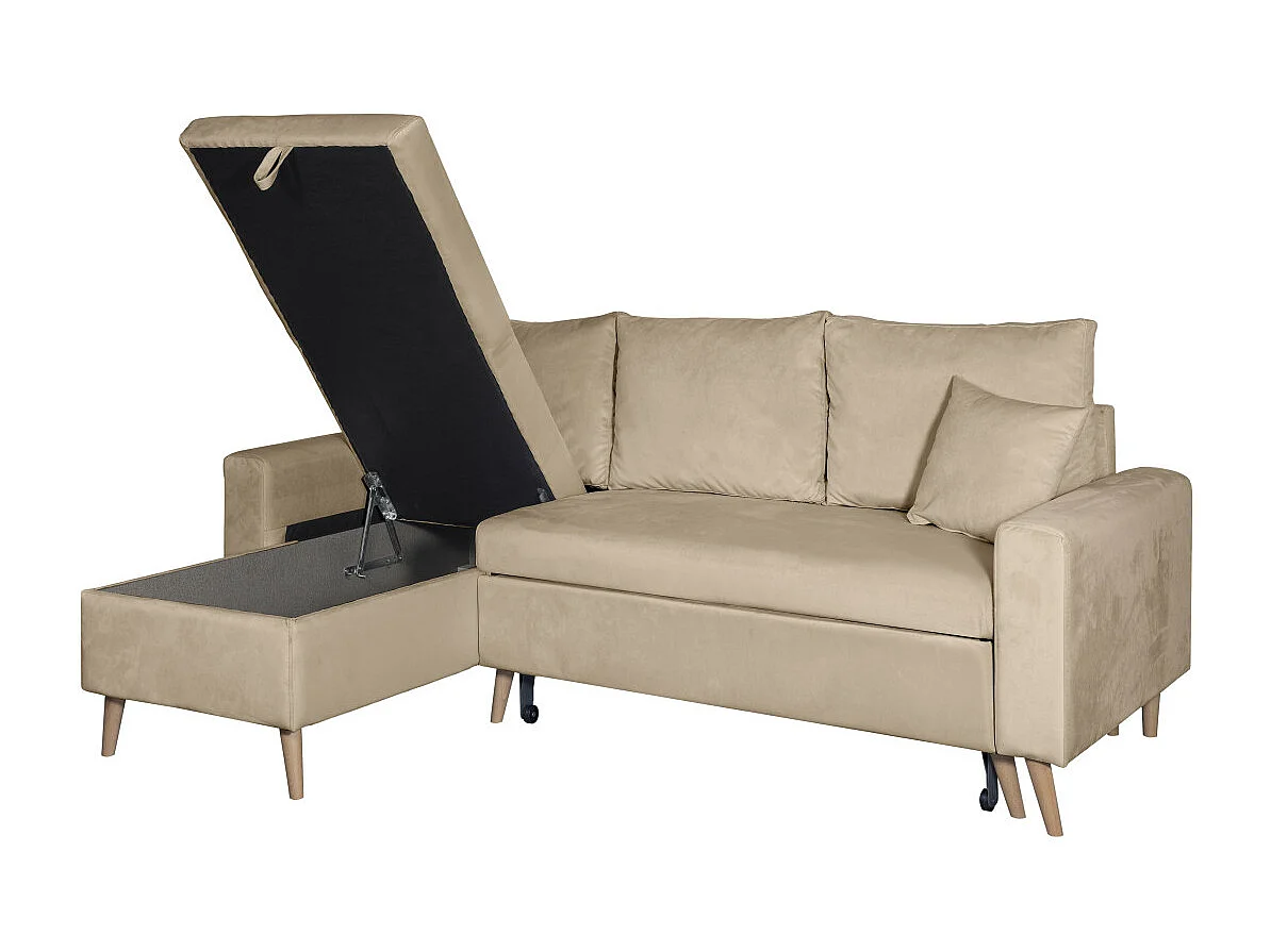 Canapé d'angle Maria scandinave réversible et convertible avec coffre en velours - Grège - L227 x 148 x 95cm - Loungitude
