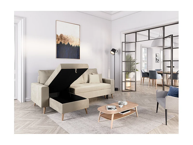 Canapé d'angle Maria scandinave réversible et convertible avec coffre en velours - Grège - L227 x 148 x 95cm - Loungitude