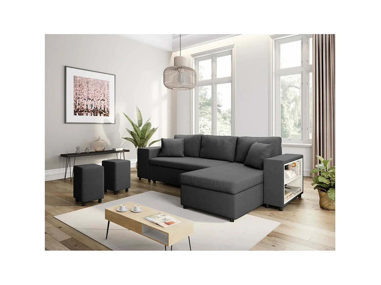 Canapé d'angle réversible Mady avec coffre accoudoir étagère et poufs gauche en tissu- Gris anthracite - L254 x P146 x H81cm - Loungitude