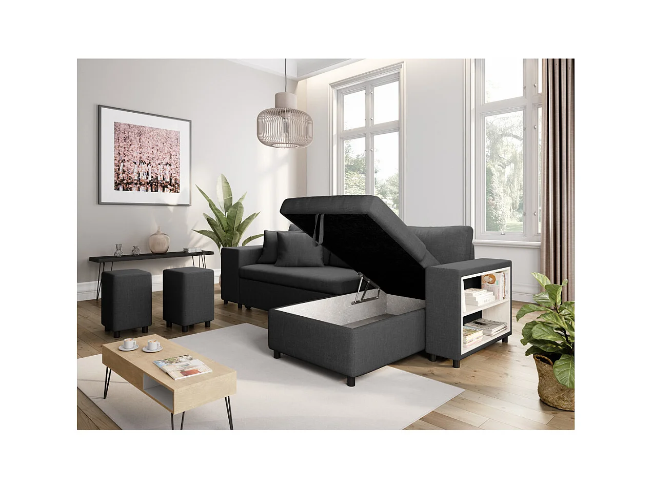 Canapé d'angle réversible Mady avec coffre accoudoir étagère et poufs gauche en tissu- Gris anthracite - L254 x P146 x H81cm - Loungitude