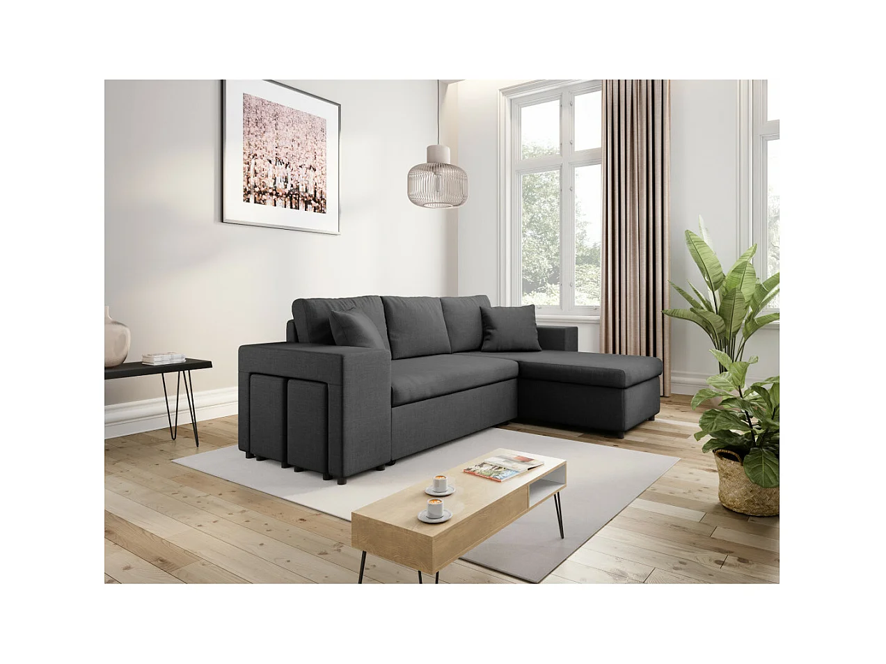 Canapé d'angle réversible Mady avec coffre accoudoir étagère et poufs gauche en tissu- Gris anthracite - L254 x P146 x H81cm - Loungitude