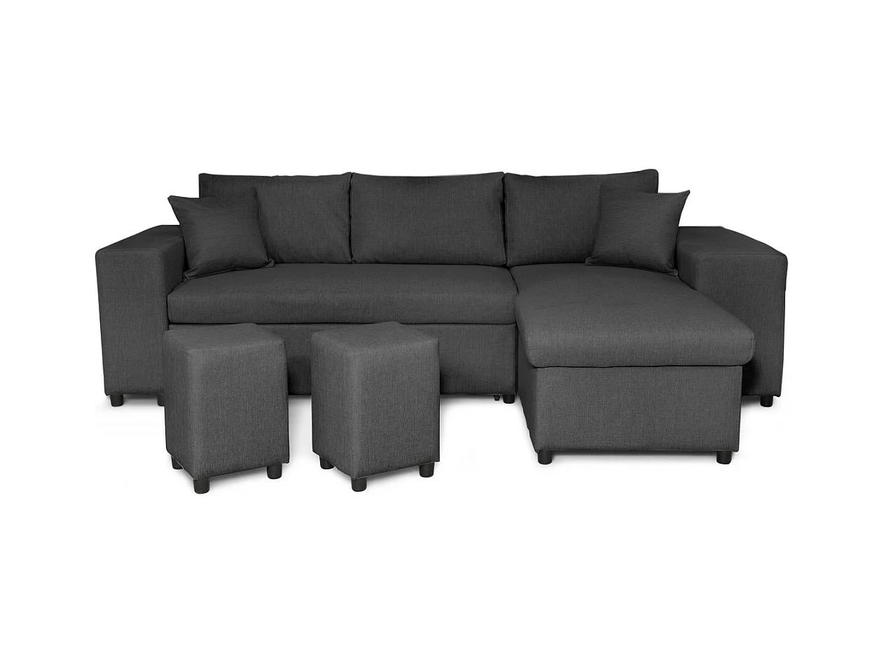 Canapé d'angle réversible Mady avec coffre accoudoir étagère et poufs gauche en tissu- Gris anthracite - L254 x P146 x H81cm - Loungitude
