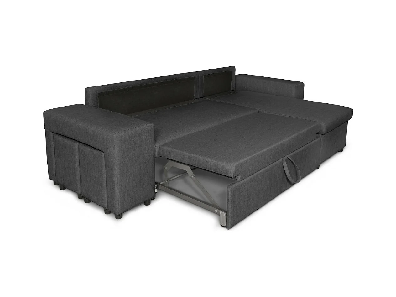 Canapé d'angle réversible Mady avec coffre accoudoir étagère et poufs gauche en tissu- Gris anthracite - L254 x P146 x H81cm - Loungitude
