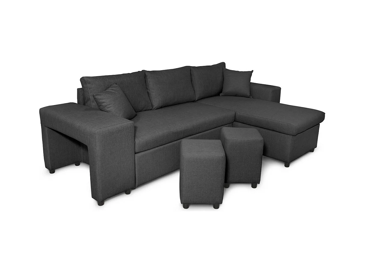 Canapé d'angle réversible Mady avec coffre accoudoir étagère et poufs gauche en tissu- Gris anthracite - L254 x P146 x H81cm - Loungitude