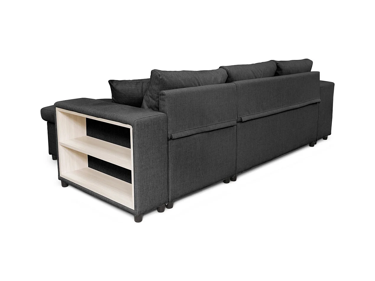 Canapé d'angle réversible Mady avec coffre accoudoir étagère et poufs gauche en tissu- Gris anthracite - L254 x P146 x H81cm - Loungitude