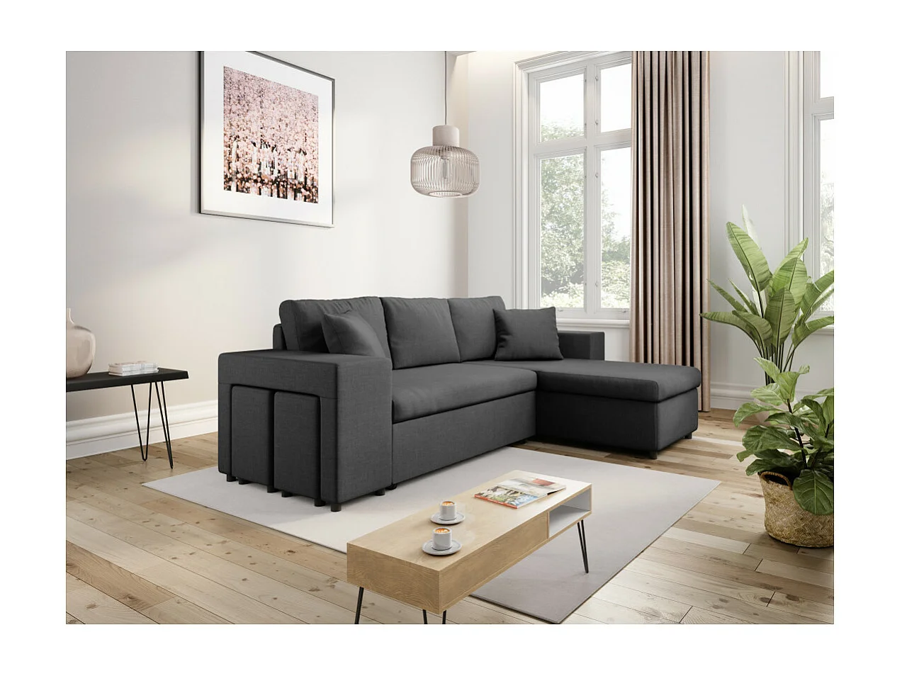 Canapé d'angle réversible Mady avec coffre accoudoir étagère et poufs gauche en tissu- Gris anthracite - L254 x P146 x H81cm - Loungitude