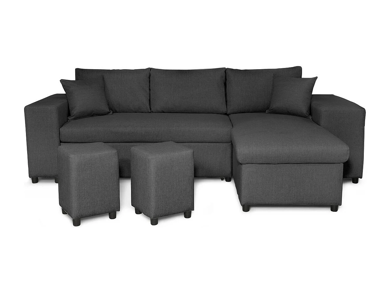 Canapé d'angle réversible Mady avec coffre accoudoir étagère et poufs gauche en tissu- Gris anthracite - L254 x P146 x H81cm - Loungitude