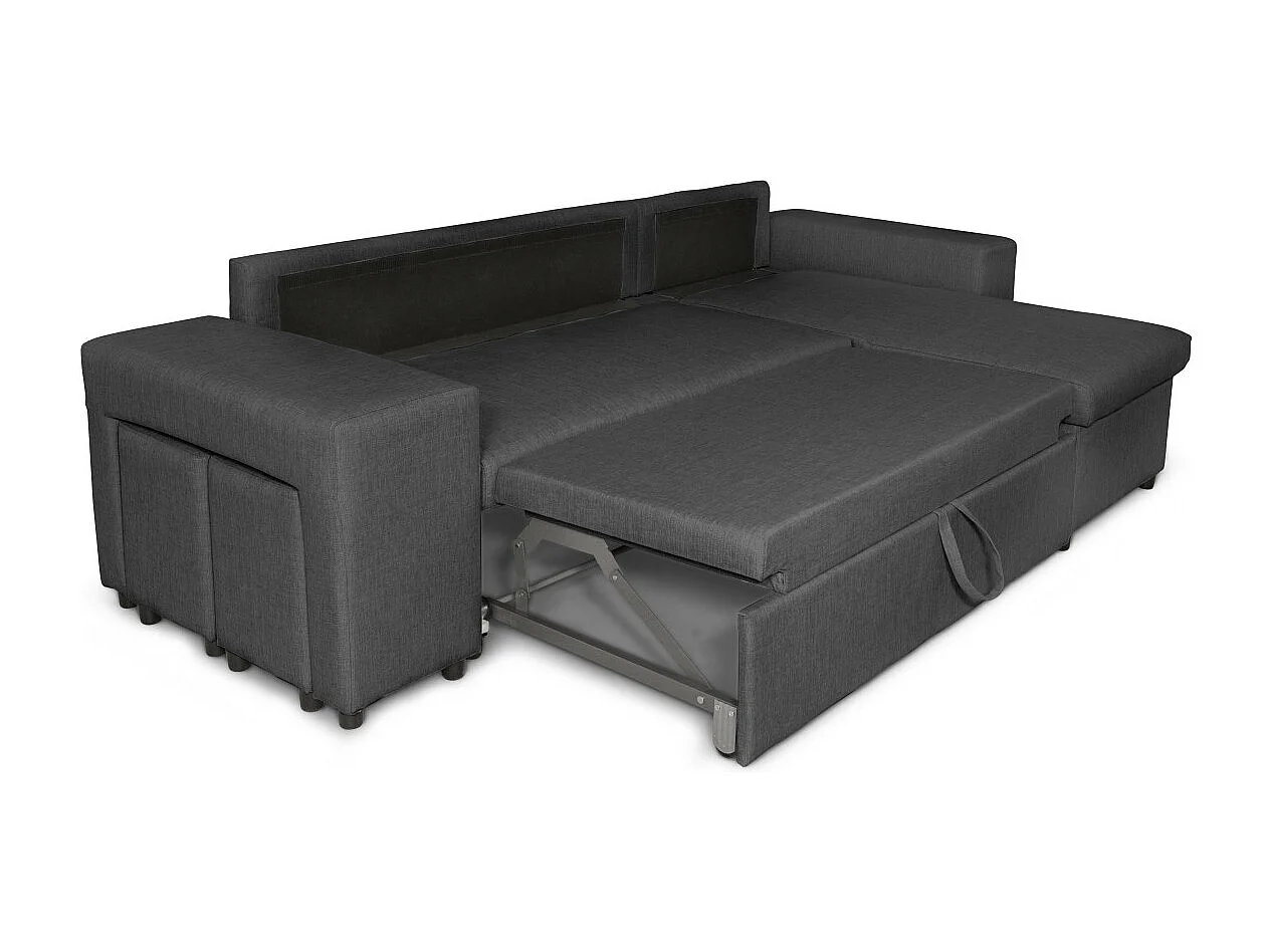Canapé d'angle réversible Mady avec coffre accoudoir étagère et poufs gauche en tissu- Gris anthracite - L254 x P146 x H81cm - Loungitude