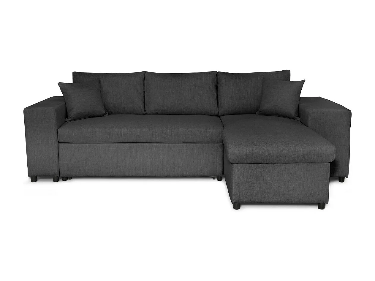 Canapé d'angle réversible Mady avec coffre accoudoir étagère et poufs gauche en tissu- Gris anthracite - L254 x P146 x H81cm - Loungitude