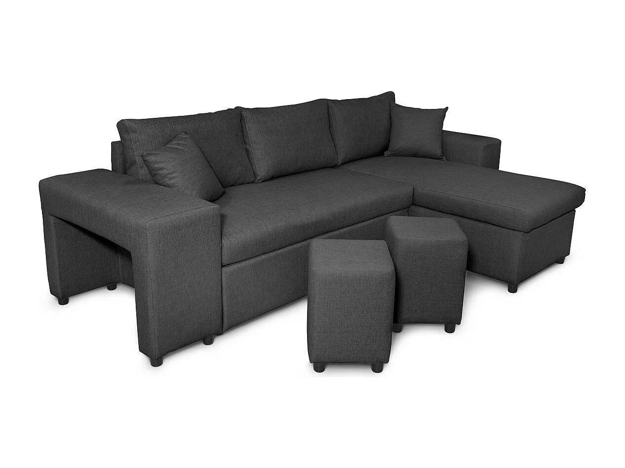 Canapé d'angle réversible Mady avec coffre accoudoir étagère et poufs gauche en tissu- Gris anthracite - L254 x P146 x H81cm - Loungitude