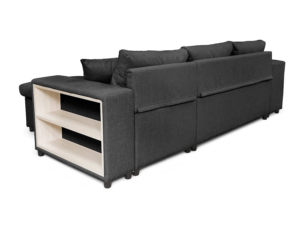 Canapé d'angle réversible Mady avec coffre accoudoir étagère et poufs gauche en tissu- Gris anthracite - L254 x P146 x H81cm - Loungitude