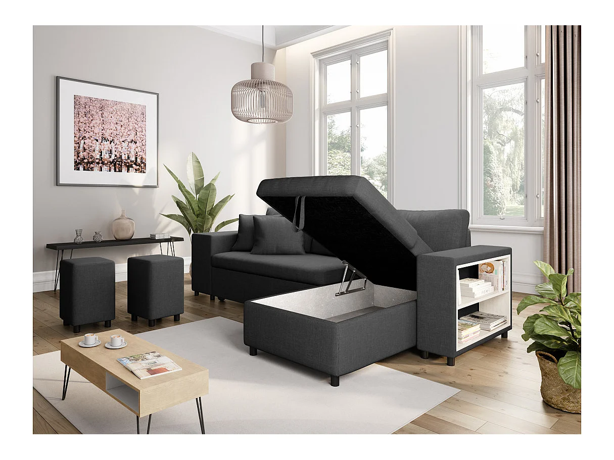 Canapé d'angle convertible 7 places avec pouf en tissu gris anthracite MADY