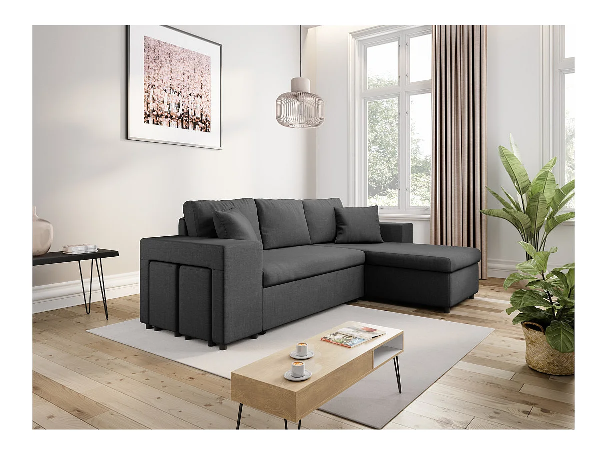 Canapé d'angle convertible 7 places avec pouf en tissu gris anthracite MADY
